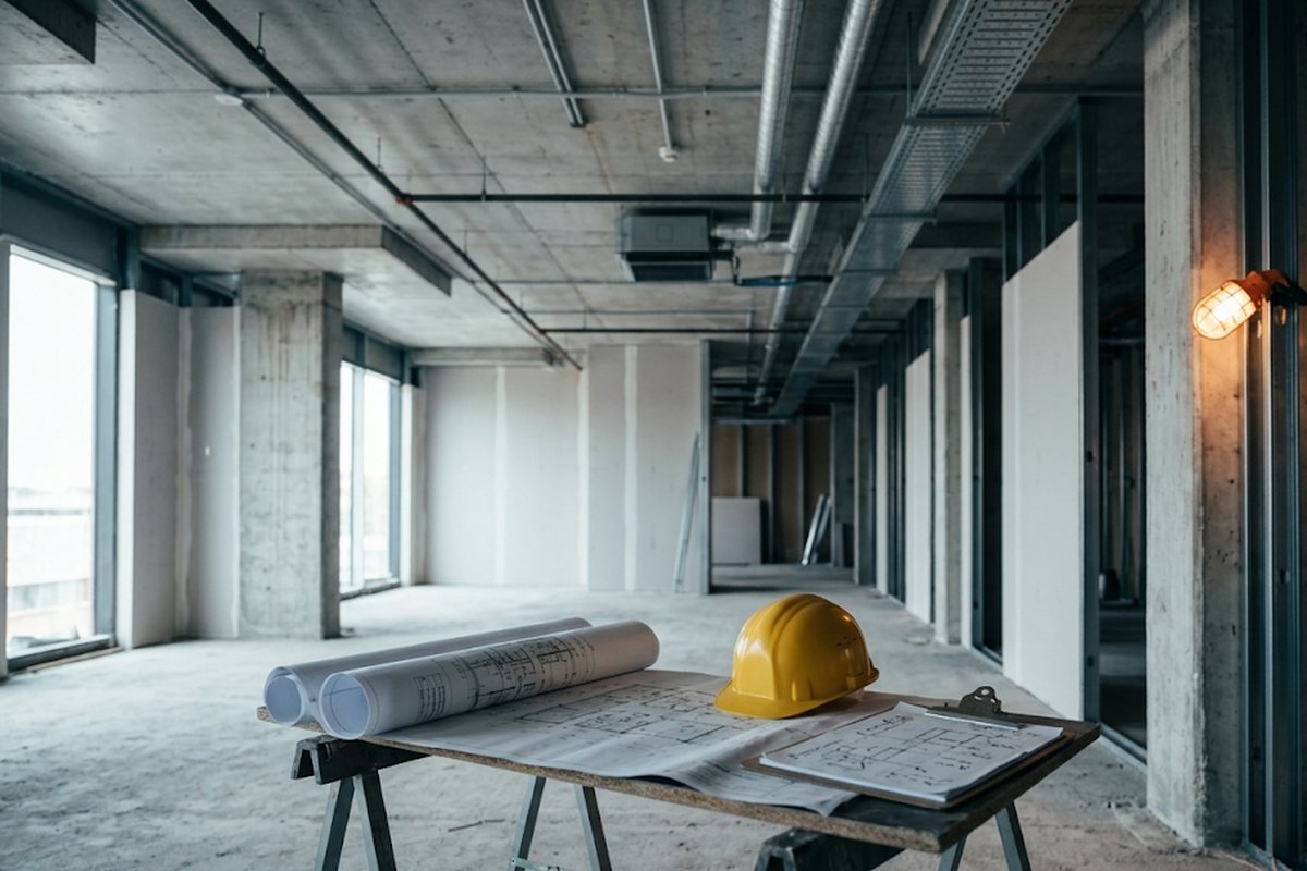 A partially-built commercial interior space at the moment IT design happens: an exposed concrete-slab ceiling with conduit and cable trays running through it, structural columns, daylight from unfinished window openings, and a sawhorse worktable in the foreground holding rolled-up architectural floor plans, a yellow hard-hat, and a clipboard with engineering markup