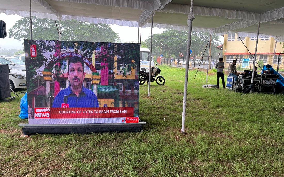 The LED video wall deployed at a counting venue, broadcasting live election news coverage in the build-up to counting day