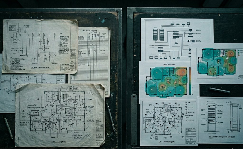 A dark workbench top-down view: traditional MEP drawings on the left (electrical single-line diagram, panel board schedule, HVAC ducting plan on aged paper) physically separated from ELV drawings on the right (Wi-Fi heat map, CCTV layout, structured cabling rack elevation) — the same project, but two distinct disciplines on the same table