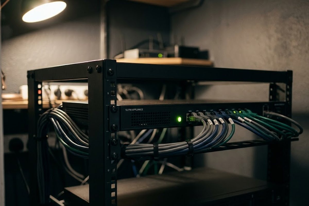 A 1U firewall appliance mounted in a small server rack, with neat bundles of Ethernet cables routed cleanly into its ports and a single status LED glowing green — the kind of small-business setup the article is written for