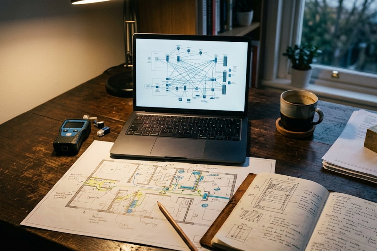 A consultant's working desk at the end of a day: a laptop showing a network topology diagram, a printed floor plan with hand-drawn equipment markings, an open notebook with engineering scribbles, a cable tester, a coffee cup, and warm lamp light falling across the wood surface