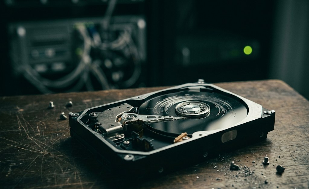 A 3.5-inch hard drive disassembled on a dark wooden workbench, its top cover removed exposing the platter and read/write head, with scattered screws and metallic dust beside it — and a server rack with a single green LED visible in the soft-focused background, suggesting other drives still running
