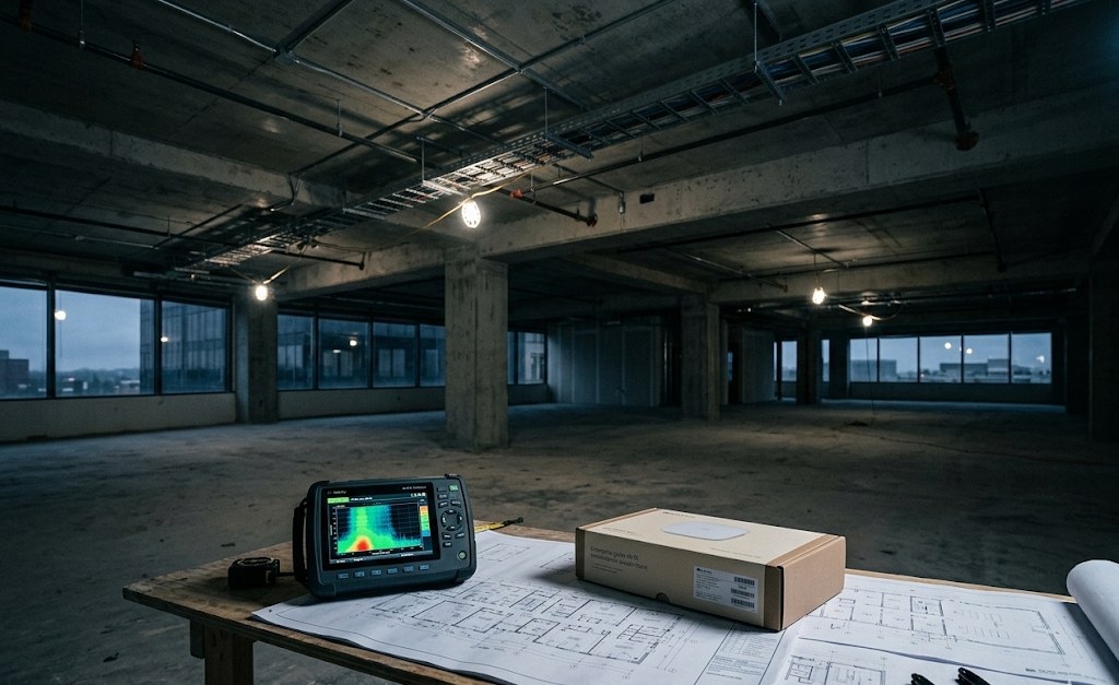 An empty office floor mid-fitout, exposed concrete ceiling and conduit, a Wi-Fi spectrum analyser and architectural drawings spread on a worktable beside an unopened equipment box — the moment the IT space brief is being decided